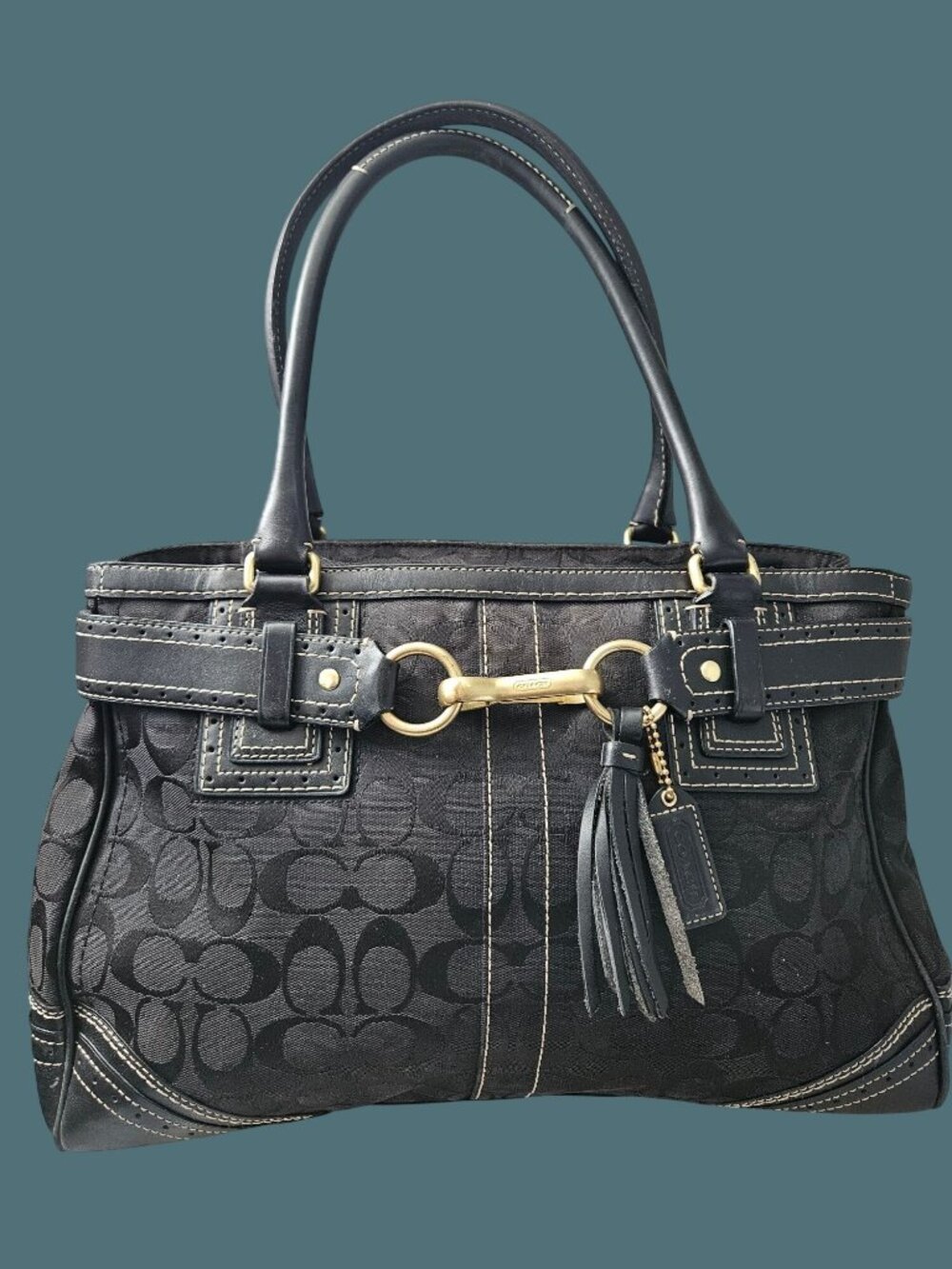 Coach Vintage Y2k Black Hampton Jacquard Signature Leather Trim Satchel Bag - Picture 2 of 16